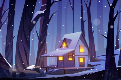 wooden house winter forest night forester shack wi বড় মোহান্ত