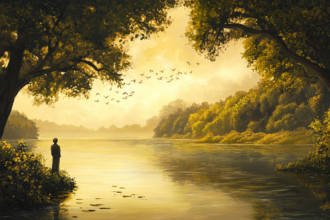 arinorway A serene riverside scene where a lone figure stands o 11d6a050 9496 4528 ac9c fe4e3eb78c83 বই আলোচনা