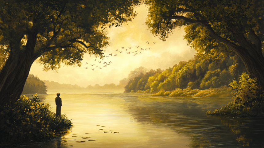 arinorway A serene riverside scene where a lone figure stands o 11d6a050 9496 4528 ac9c fe4e3eb78c83 বই আলোচনা